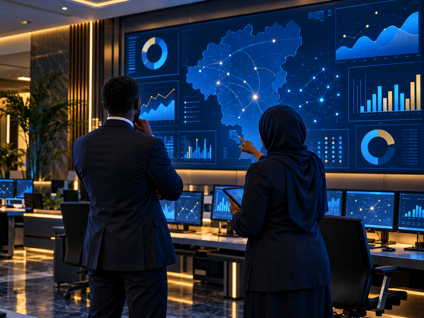 تصوّر فني لأفق مدينة عند الغروب تربط بينه وبين النهر مسارات ضوئية ترمز إلى مستقبل رقمي مترابط